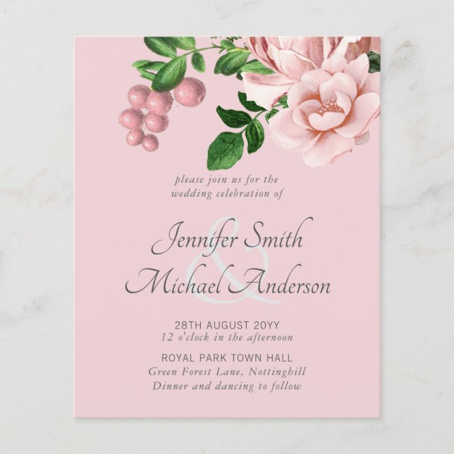Rose Gold Botanical Floral Budget Wedding Invites (Front)