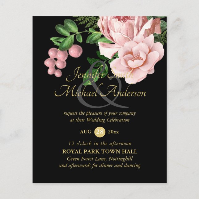 Rose Gold Botanical Floral Budget Wedding Invites (Front)