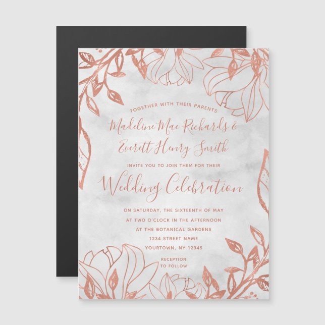 Rose Gold Botanical Floral Grey Wedding Invitation (Front/Back)