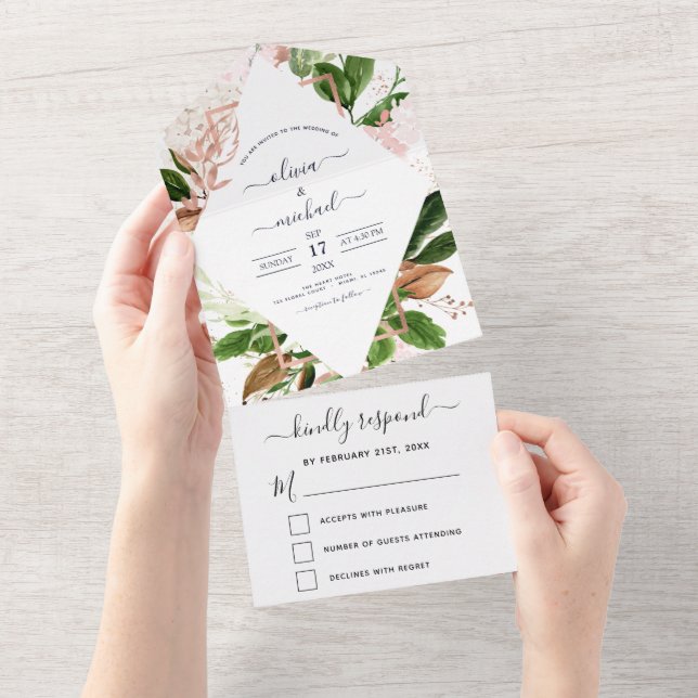 Rose Gold Botanical Greenery Wedding All In One Invitation (Tearaway)