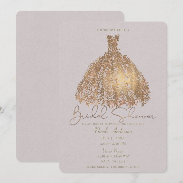 Rose Gold Botanical Leaves Dress Bridal Shower Invitation (Front/Back)