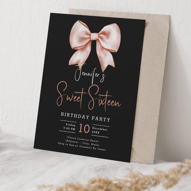 Rose Gold Bow Coquette Script Sweet 16 Party Black Invitation (Rose Gold Bow Coquette Script Sweet 16 Party Black Invitation)