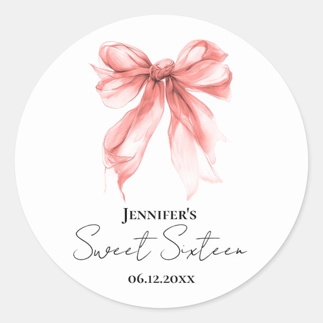 Rose Gold Bow Coquette Script Sweet 16 Party  Classic Round Sticker (Front)