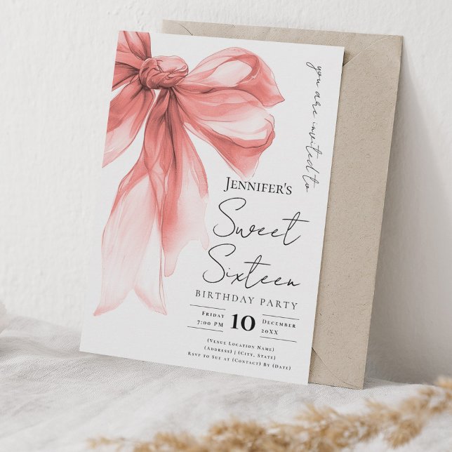 Rose Gold Bow Coquette Script Sweet 16 Party  Invitation (Rose Gold Bow Coquette Script Sweet 16 Party Invitation)