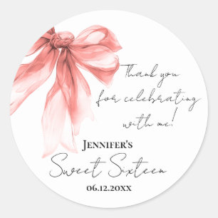 Rose Gold Bow Coquette Script Sweet 16 Thank You  Classic Round Sticker