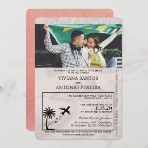 Rose Gold Brazil Passport Wedding Invitation