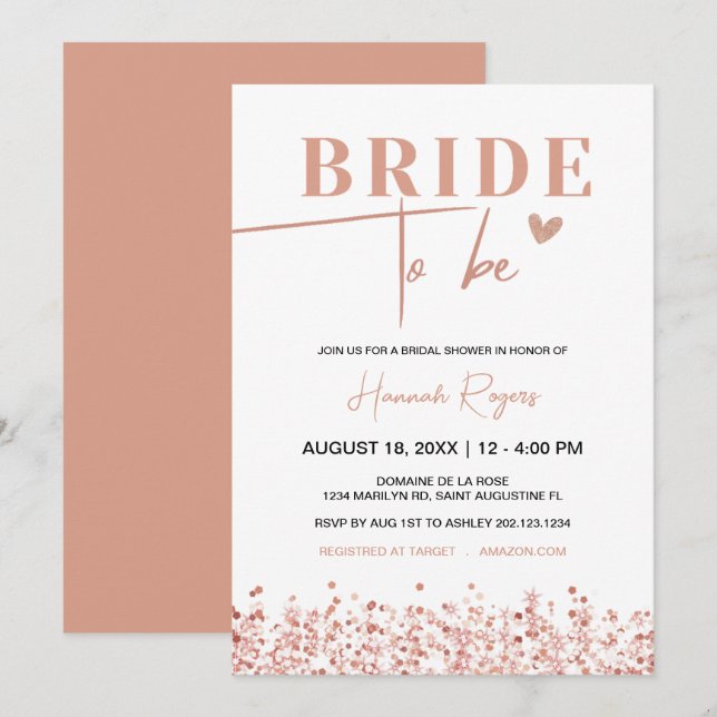 Rose Gold Bridal Bridal Shower, Bride to Be Invitation (Front/Back)