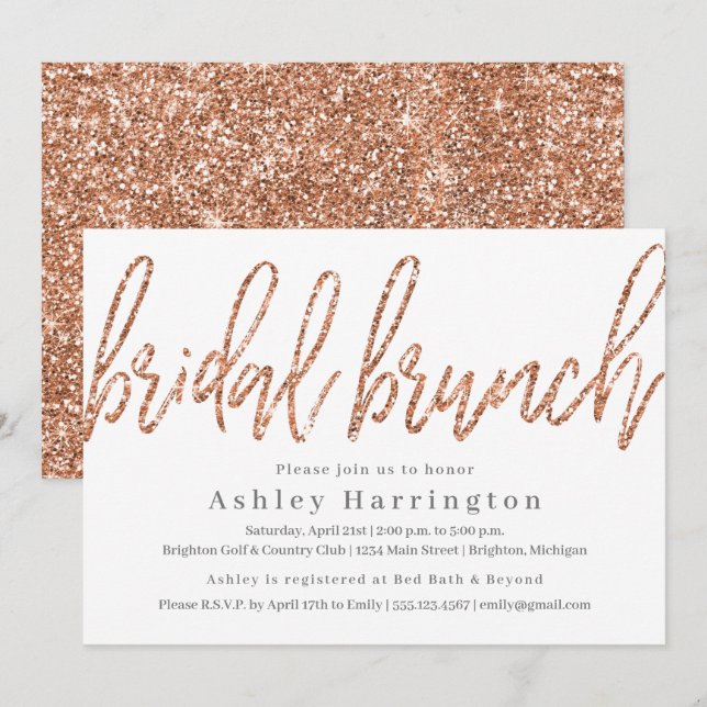 Rose Gold Bridal Brunch Invitation with Glitter (Front/Back)