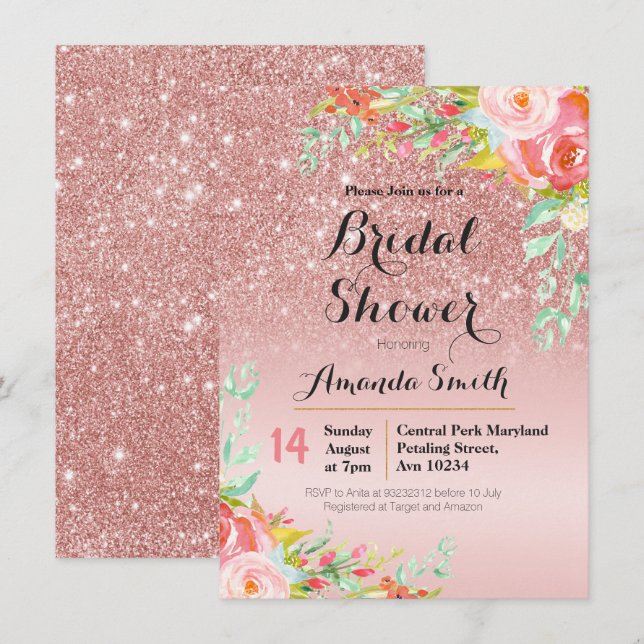 Rose Gold Bridal Shower invitation Floral (Front/Back)