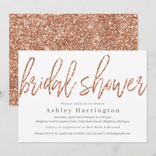 Rose Gold Bridal Shower Invitation with Glitter (Front/Back)