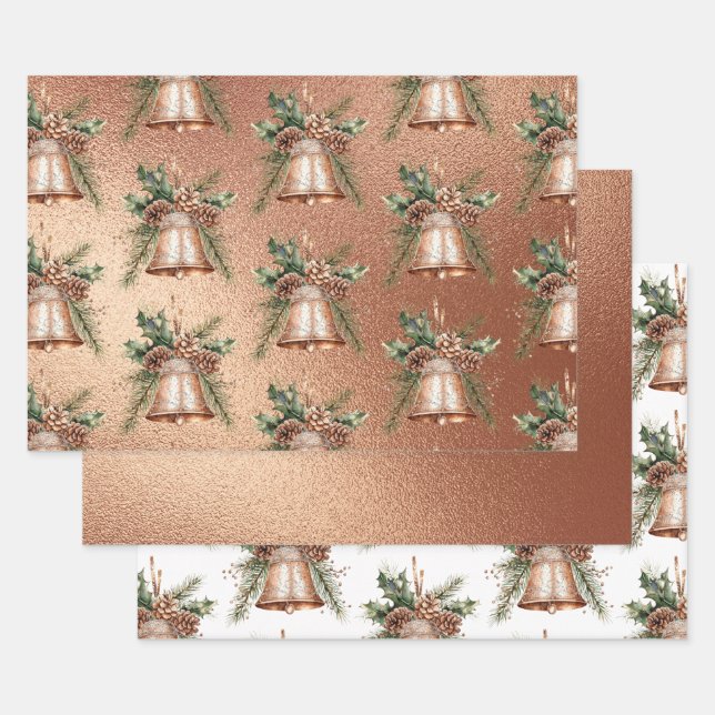 Rose Gold Bronze Christmas Bell Wrapping Paper Sheet (Set)