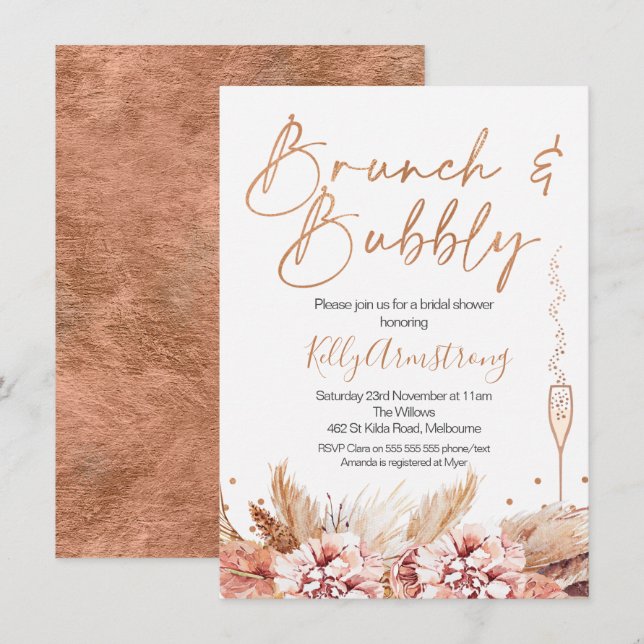 Rose Gold Brunch Bubbly Boho Bridal Shower Invitation (Front/Back)