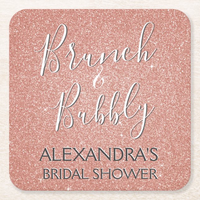 Rose Gold Brunch & Bubbly Bridal Shower Square Paper Coaster (Front)