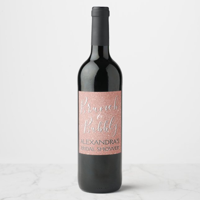 Rose Gold Brunch & Bubbly Bridal Shower Wine Label (Front)