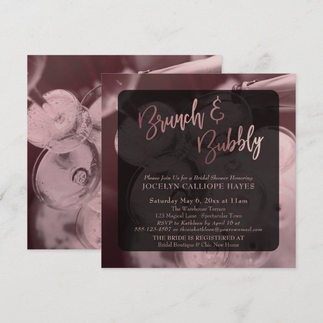 Rose Gold Brunch & Bubbly Champagne Photo Invitation (Front/Back)