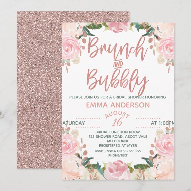 Rose Gold Brunch Bubbly Floral Bridal Invitation (Front/Back)