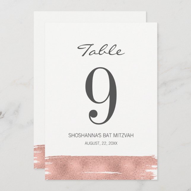 Rose Gold Brush Bat Mitzvah Table Number Card (Front/Back)