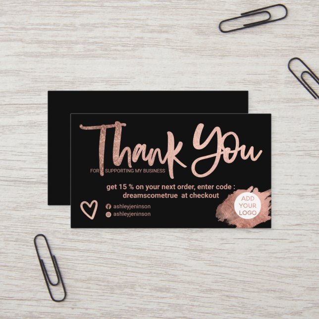 Rose gold brush font black chic order thank you business card (Front/Back In Situ)