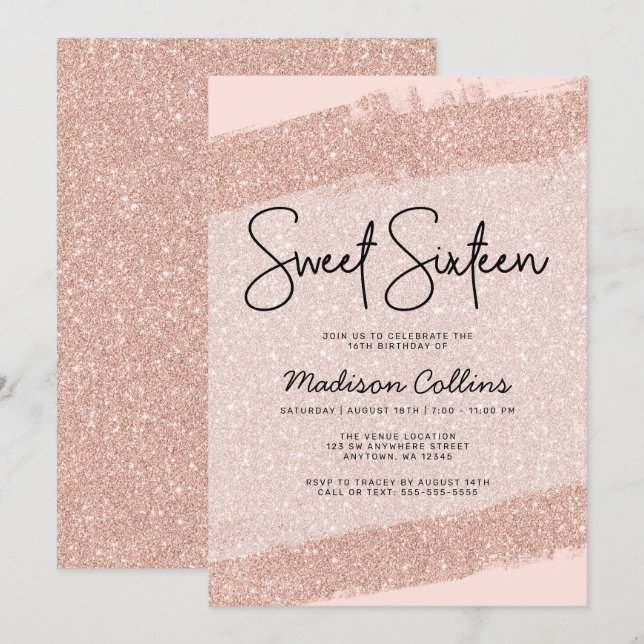 Rose Gold Brush Glitter Sweet 16 Invitation (Front/Back)