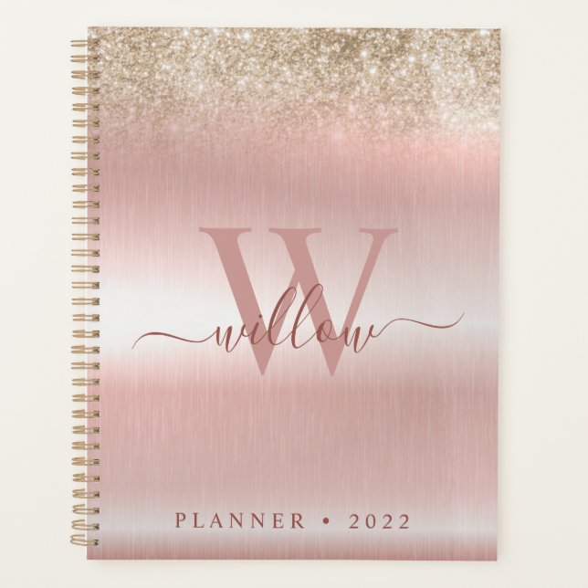 Rose Gold Brush Metal Gold Glitter Planner (Front)