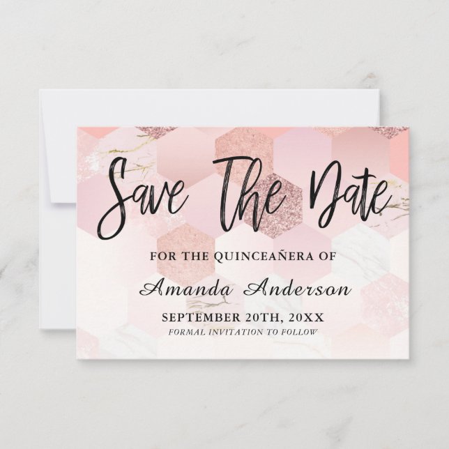 Rose Gold Brush Script  Quinceanera Save The Date (Front)