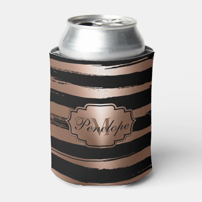 Rose Gold Brush Stripes Can Cooler (Can Front)
