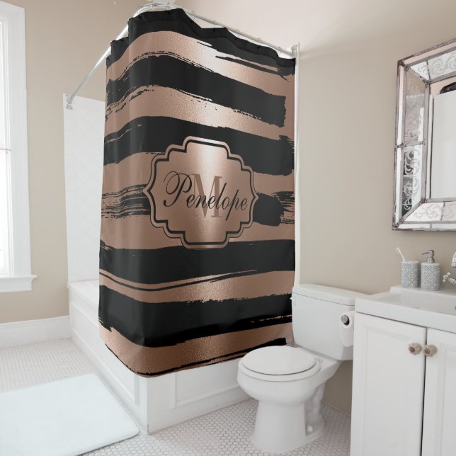 Rose Gold Brush Stripes Shower Curtain (In Situ)