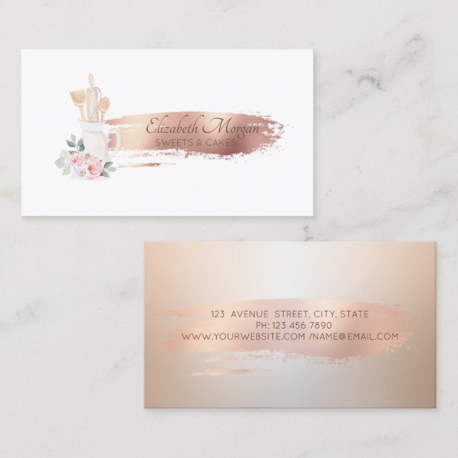 Rose Gold Brush Stroke Bakery Pastry Hand Tools  Business Card (Front/Back)