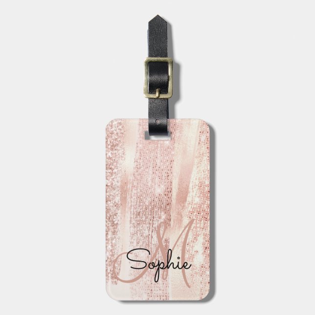 Rose Gold Brush Strokes Monogram Luggage Tag (Front Vertical)