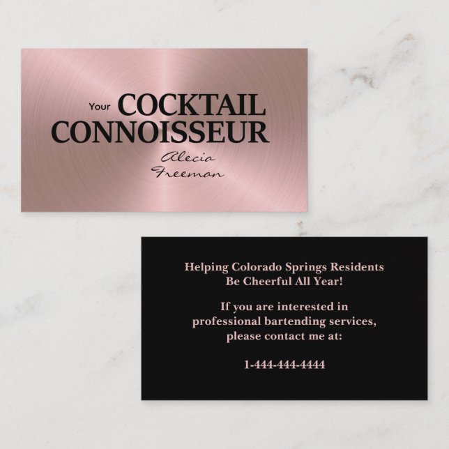 Rose Gold Brushed Event Bartender Business Card (Front/Back)