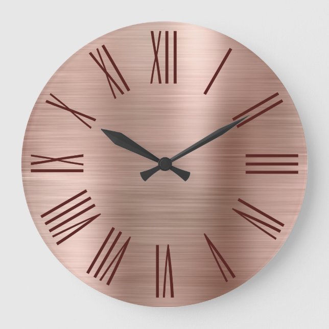 Rose Gold Brushed Foil Burgundy Roman Numerals Large Clock (Front)