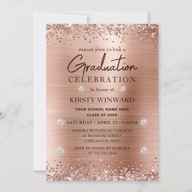 Rose Gold Brushed Metal and Glitter Graduation Invitation (Front)