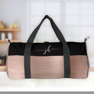 Rose Gold Brushed Metal Black Script Monogram  Duffle Bag