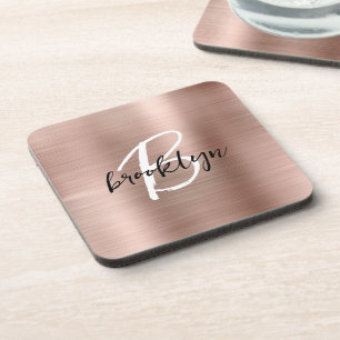 Rose Gold Brushed Metal Black White Monogram Coaster