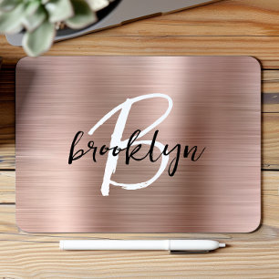 Rose Gold Brushed Metal Black White Monogram Mouse Mat