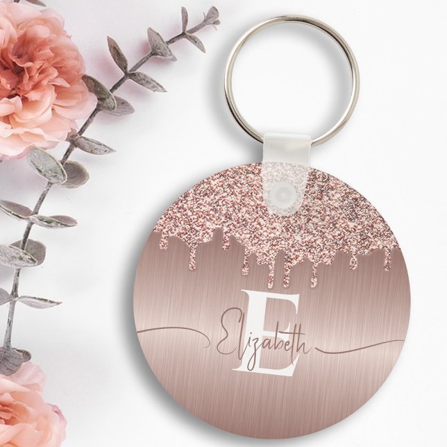 Rose Gold Brushed Metal Glitter Drips Monogrammed Key Ring (Creator Uploaded)
