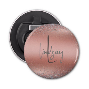 Rose Gold Brushed Metal Glitter Monogram   Bottle Opener
