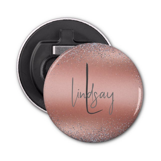Rose Gold Brushed Metal Glitter Monogram | Bottle Opener (Front)