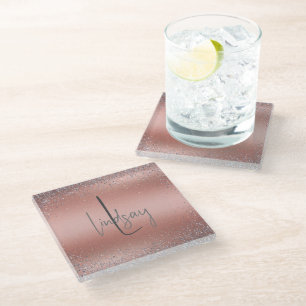 Rose Gold Brushed Metal Glitter Monogram Glass Coaster