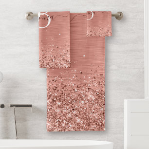 Rose Gold Brushed Metal Glitter Monogram Name Bath Towel Set