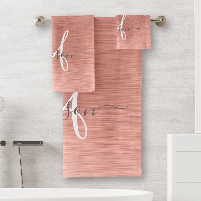Rose Gold Brushed Metal Glitter Monogram Name Bath Towel Set (Creator Uploaded)