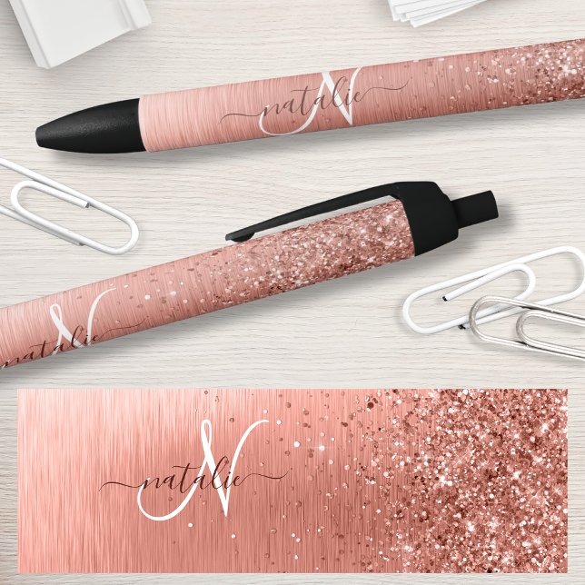 Rose Gold Brushed Metal Glitter Monogram Name  Black Ink Pen (Creator Uploaded)