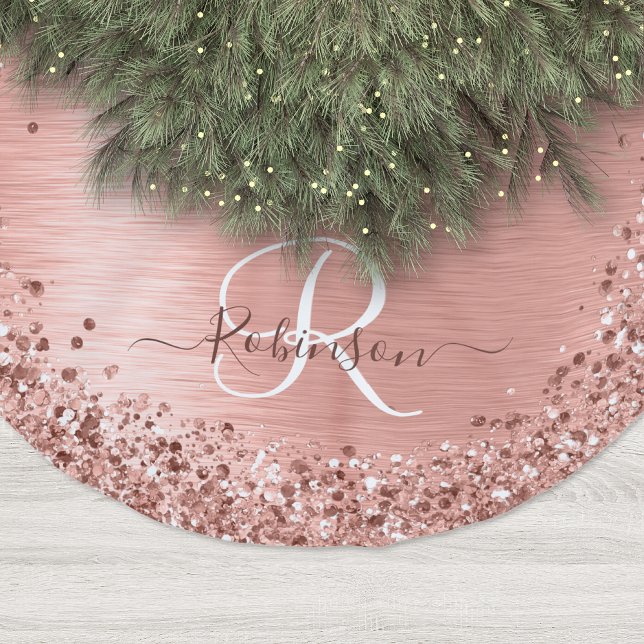 Rose Gold Brushed Metal Glitter Monogram Name Brushed Polyester Tree Skirt (Creator Uploaded)