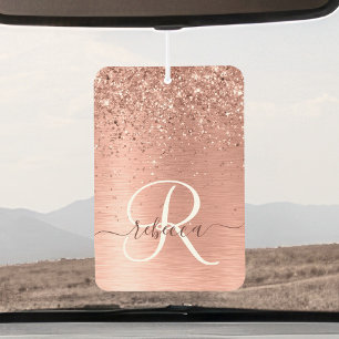 Rose Gold Brushed Metal Glitter Monogram Name Car Air Freshener