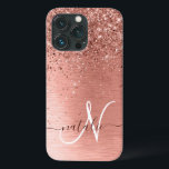 Rose Gold Brushed Metal Glitter Monogram Name iPhone 13 Pro Case<br><div class="desc">Easily personalise this trendy chic phone case design featuring pretty rose gold sparkling glitter on a rose gold brushed metallic background.</div>