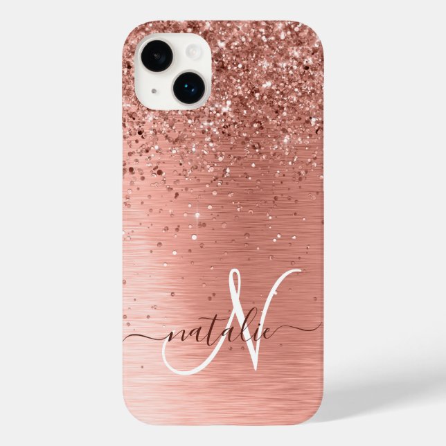 Rose Gold Brushed Metal Glitter Monogram Name Case-Mate iPhone Case (Back)