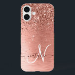 Rose Gold Brushed Metal Glitter Monogram Name iPhone 16 Plus Case<br><div class="desc">Easily personalise this trendy chic phone case design featuring pretty rose gold sparkling glitter on a rose gold brushed metallic background.</div>