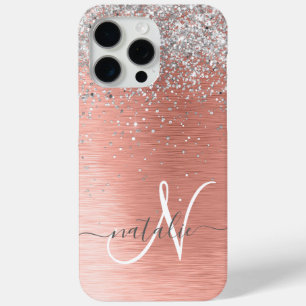 Rose Gold Brushed Metal Glitter Monogram Name iPhone 15 Pro Max Case