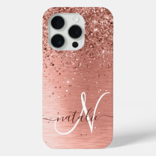 Rose Gold Brushed Metal Glitter Monogram Name iPhone 15 Pro Case