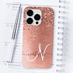 Rose Gold Brushed Metal Glitter Monogram Name Case-Mate iPhone 14 Pro Case<br><div class="desc">Easily personalise this trendy chic phone case design featuring pretty rose gold sparkling glitter on a rose gold brushed metallic background.</div>